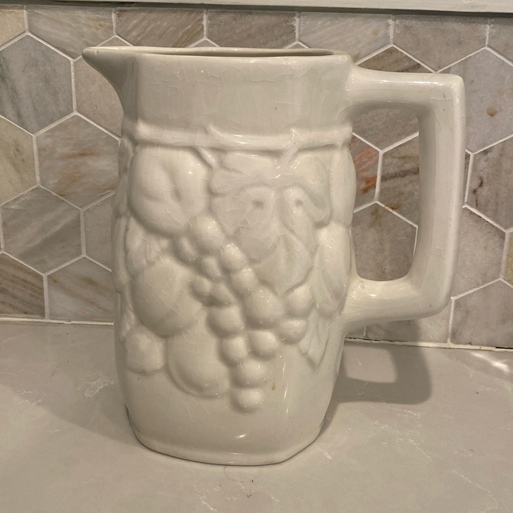Vintage 1955 Garland Ceramics White Embossed Fruit Ceramic Pitcher MCM